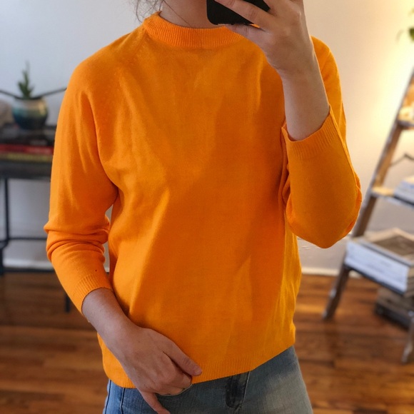 Vintage 60s Mod Bright Orange 3/4 Sleeve Mock Turtle Neck Lightweight Sweater S - Picture 5 of 10